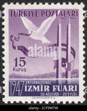 Republik Türkei. Republik Türkei Briefmarke. Republik Türkei historische Briefmarke. Eine Briefmarke gedruckt in der Republik Türkei. Stockfoto