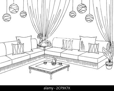 Patio Garten Grafik schwarz weiß Skizze Illustration Vektor Stock Vektor