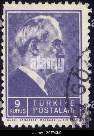 Republik Türkei. Republik Türkei Briefmarke. Republik Türkei historische Briefmarke. Eine Briefmarke gedruckt in der Republik Türkei. Stockfoto
