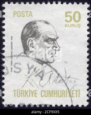 Republik Türkei. Republik Türkei Briefmarke. Republik Türkei historische Briefmarke. Eine Briefmarke gedruckt in der Republik Türkei. Stockfoto