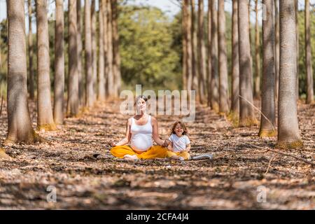 Mutter mit Tochter, die Yoga auf dem Boden in Lichtung unter Bäume im Park an sonnigen Tagen Stockfoto