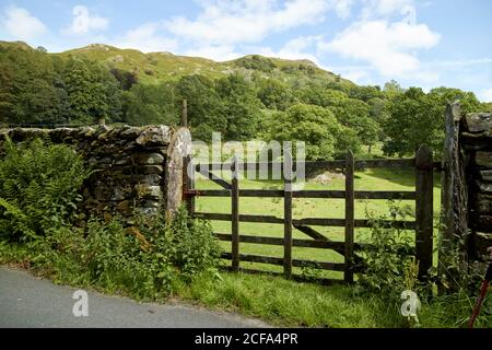 Holztor in Trockensteinmauer Eingang zum Feld unten Loughrigg fiel loughrigg Lake District Nationalpark cumbria england großbritannien Stockfoto