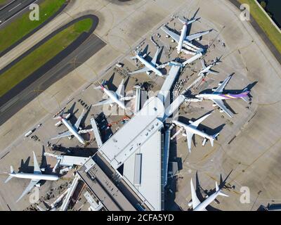 Sydney Airport Luftaufnahme mit internationalen Passagieren Terminal 1 besetzt mit internationalen Flügen. Kingsford Smith International Airport, Australien. Stockfoto