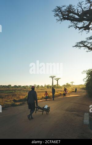 Madagaskar - 6. JULI 2019: Menschen in farbenfroher Freizeitkleidung mit Karren, die auf staubiger Straße durch entfernte tropische Wälder wandern Stockfoto