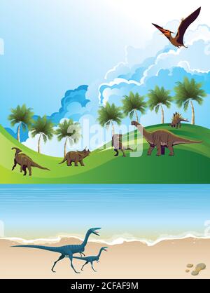 Jurassische Dinosaurierlandschaft mit Meer und Grashügeln Ein blauer wolkig Himmel Stockfoto