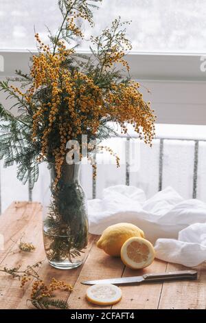 Gelbe Mimosen Blumen in Vase auf Tisch Stockfoto