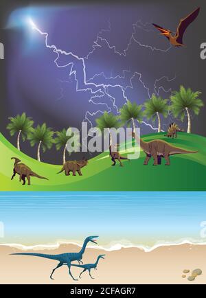 Jurassische Dinosaurierlandschaft mit Meer und Grashügeln Ein dramatischer Gewitterhimmel Stockfoto