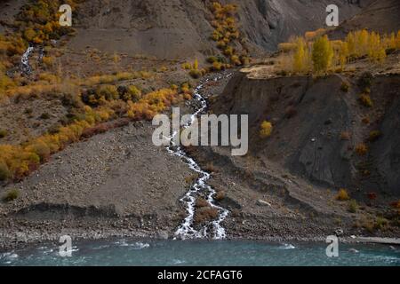 Abstrakte Muster und Texturen von Hügeln mit moderater Vegetation, Flüsse, Seen, Wolken und klaren Himmel der Höhe kalten Wüste - Spiti Vally. Stockfoto