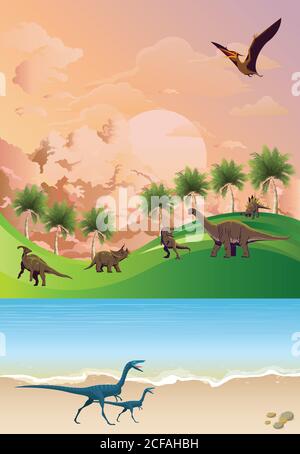 Jurassische Dinosaurierlandschaft mit Meer und Grashügeln Ein Morgen oder Abenddämmerung rosa Himmel Stockfoto