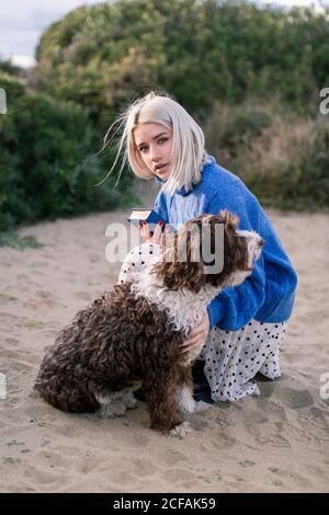 Seitenansicht einer jungen Frau, die in legerem Pullover und Rock mit Buch die Kamera ansieht und mit einem entzückenden lockigen Hund streichelte, während sie Freizeit am Sandstrand mit grünen Pflanzen im Hintergrund verbringt Stockfoto