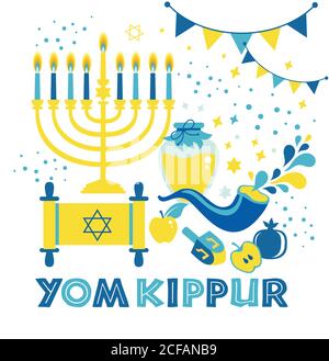 Yom Kippur Grußkarte mit Kerzen, Äpfeln und Schofar und Sybolen. Jüdischer Feiertag Hintergrund. Vektorgrafik auf Weiß. Übersetzung in Enhlish Stock Vektor