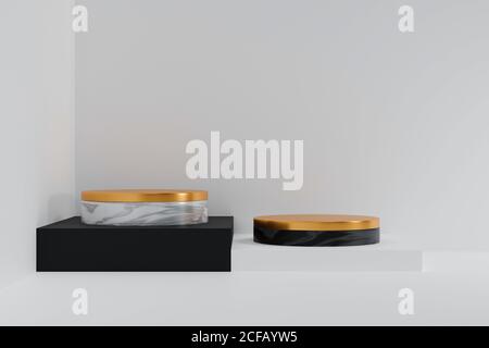 3d Rendering zwei leere Marmor Podium auf schwarz und weiß stehen. Abstraktes, minimalistisches geometrisches Design für Produktmockups. Stockfoto