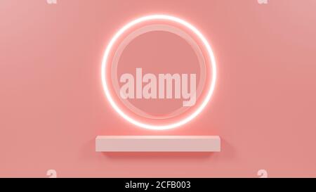 3d Rendern leeres Regal auf rosa Wand mit glühenden Ring. Abstrakte Geometrieszene für Produktmockups. Stockfoto