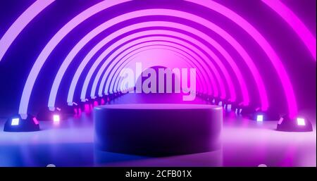 3d Render Leerzylinder für Showcase Produktmodell mit Neonbogen. Stockfoto