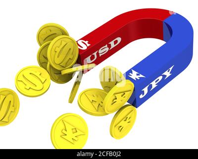 Magnet zieht Geld an. Der bogenförmige Magnet zieht Goldmünzen mit dem Symbol der USA und chinesischen Währungen an. Isoliert. 3D-Illustration Stockfoto