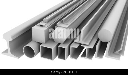 Gewalzte Metallprodukte. Verschiedene Metallprodukte liegen auf einer weißen Oberfläche. 3D-Illustration. Isoliert Stockfoto