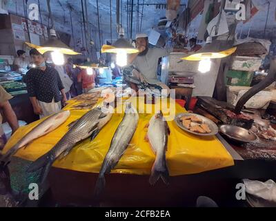 Fisch ist die Hauptquelle von tierischem Protein für die Menschen in Bangladesch. Fischverkäufer verkaufen Fischfang aus frischem und Brackwasser. Stockfoto