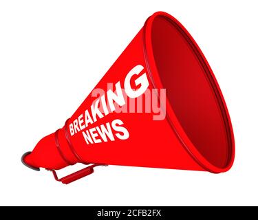 Aktuelle Nachrichten. Beschriftete Hupe. Ein rotes Horn mit weißem Text BREAKING NEWS beschriftet. Isoliert. 3D-Illustration Stockfoto