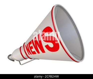 Das Wort NACHRICHTEN auf dem Horn. Ein graues Horn mit dem roten Wort NEWS beschriftet. Isoliert. 3D-Illustration Stockfoto