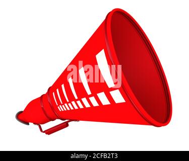 Die Antworten. Ein rotes Horn mit weißen Ausrufezeichen. Isoliert. 3D-Illustration Stockfoto