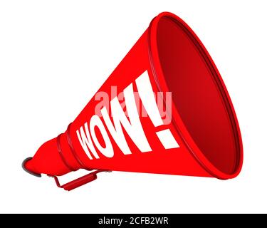 Wow! Beschriftetes Megaphon. Ein rotes Horn mit weißem Wort WOW! Isoliert. 3D-Illustration Stockfoto