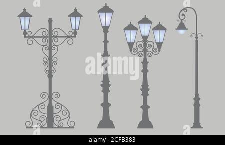 Kollektion Straßenlampen, isolierter grauer Hintergrund. Gemustert geschmiedete Straßenlaternen. Stock Vektor