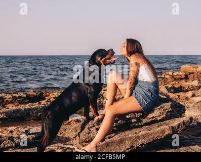 Seitenansicht einer trendigen tätowierten Frau, die auf Stein sitzt und den Rottweiler-Hund küsst, während sie Zeit an der felsigen Küste verbringt Stockfoto