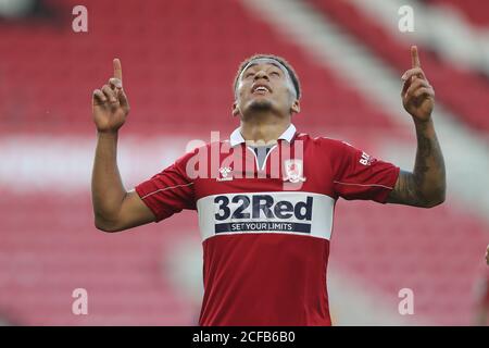 MIDDLESBROUGH, ENGLAND. 4. SEPTEMBER 2020 Marcus Tavernier von Middlesbrough feiert sein viertes Tor während des Carabao Cup-Spiels zwischen Middlesbrough und Shrewsbury Town im Riverside Stadium, Middlesbrough. (Kredit: Mark Fletcher, Mi News) Kredit: MI Nachrichten & Sport /Alamy Live Nachrichten Stockfoto