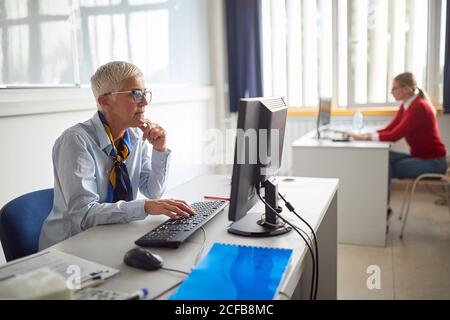 Frau im Alter am Arbeitsplatz, die im Computer arbeitet Stockfoto