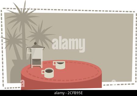 Abbildung eines runden Tisches mit einer Kaffeekanne und zwei Tassen Kaffee. Stock Vektor