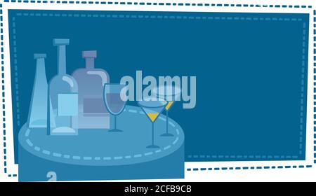 Illustration verschiedener Flaschen und Gläser auf blauem Hintergrund. Stock Vektor