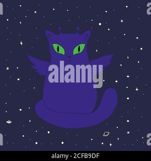 Lustige Raum Alien Katze mit Flügeln, große Augen, Antenne, grün, isoliert. Stock Vektor