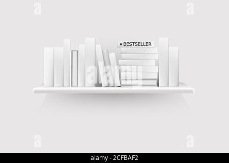 Realistische Buchvolumen mit leeren Dornen und Topfständer in Reihe am Regal hängen an der Wand. Stock Vektor