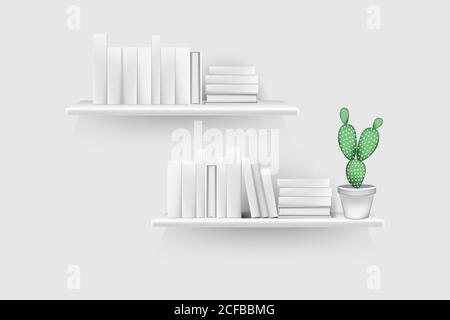 Realistische Buchvolumen mit leeren Dornen und Topfständer in Reihe am Regal hängen an der Wand. Stock Vektor