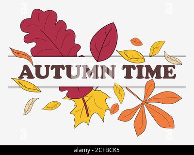 Herbstzeitbanner mit gelben Blättern isoliert auf weißem Hintergrund. Entwerfen Sie eine Vorlage für Einladungen, Broschüren und Grußkarten. Vektordarstellung Stock Vektor