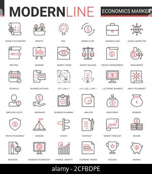 Wirtschaft Aktienmarkt flache Linie Symbol Vektor Illustration Set. Rot schwarz dünne lineare wirtschaftliche Analyse Symbole des Finanzmarketings, Bankkontoanalyse und -Forschung, Bankdatentechnologie Stock Vektor