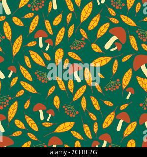 Lebhaft, Wald, Herbst nahtloses Muster mit Viburnum, Pilze Stock Vektor