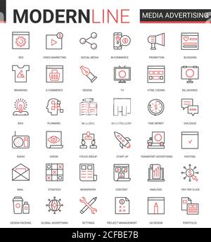 Medien Werbung flache Symbol Vektor Illustration Set. Rot schwarz dünne Linie Sammlung von skizzenhaften Infografik Piktogramm Symbole für mobile Apps mit Marketing-Strategie Forschung, Förderung in sozialen Medien Stock Vektor