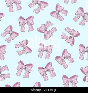 Schöne nahtlose Muster aus rosa Schleife Schleifen und weißen Herzen auf blauem Hintergrund. Endlose Textur für Hochzeit, Baby, Geburtstagsfeier. Vector des Stock Vektor