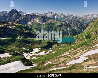 Markt Oberstdorf, Oberallgäu, Schwaben (Bayern), Freistaat Bayern, Deutschland, Oberallgäu, Allgäu, Seealpsee, hintere Seealpe, Nebelhorn, Stockfoto