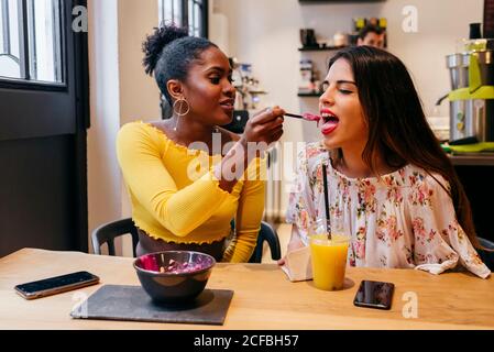 Hübsche junge afroamerikanische Frau, die eine Freundin mit einer leckeren Smoothie-Schüssel füttert, während sie zusammen am Tisch in einem kleinen Café sitzt Stockfoto