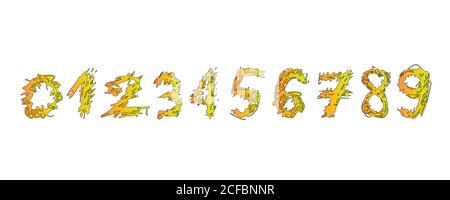 Handgezeichnetes Set helle, bunte Zahlen von Null bis neun, carto Stock Vektor