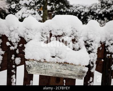 Weißes Holzschild mit Freunden willkommen auf ihm im Winter Stockfoto