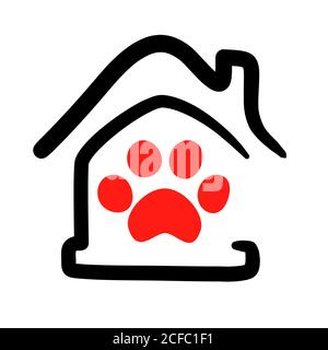 Haustiere Home Logo isoliert Vektor. Tierpfote in Umriss Haus Illustration. Zoo Hotel Grafik Emblem. Hund Sitter abstraktes Zeichen. PET-Symbol für Tierarzt, Geschäft, Geschäft oder Pflege Service. Stock Vektor