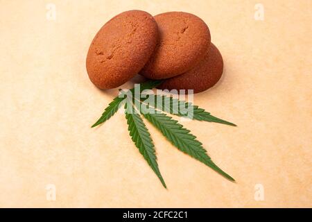 Chocolate Chip Cookie mit grünem Marihuanapflanzenblatt auf gelbem Hintergrund, Süßigkeiten mit Cannabis. Stockfoto