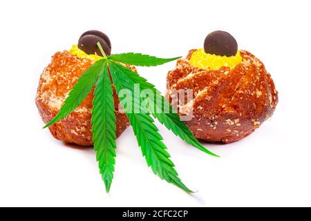 Süße frische Muffins mit Cannabisöl, Süßigkeiten mit Marihuana isoliert auf weißem Hintergrund. Stockfoto