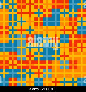 Abstraktes geometrisches Muster mit kleinen bunten Kreuzen in Quadraten. Zufällige Farbfelder. Nahtloser Vektorhintergrund. Nur fünf Farben - einfach zu re Stock Vektor