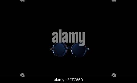 3d Rendering Glas Symbol der kreisförmigen Hippie-Brille isoliert auf Schwarzer Hintergrund mit hellblauer und orangefarbener Reflexion Stockfoto