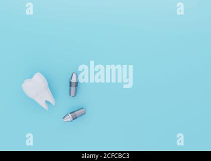 Zahnkrone und Zahnimplantate auf blauem Hintergrund mit Kopierraum, Zahnimplantation, Kunstzahn, 3d-Render Stockfoto