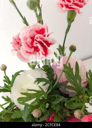 Frühlingsstrauß mit Nelken und Ranunculus, farbenfroher Blumenstrauß in einer weißen Vase, Instagram-Stil, Stockfoto